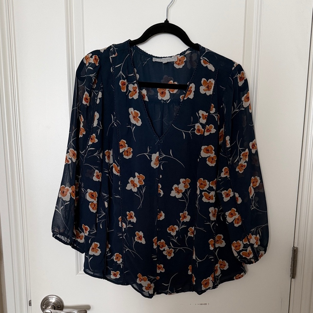 Daniel Rainn Dark Blue Blouse with Orange Floral Pattern